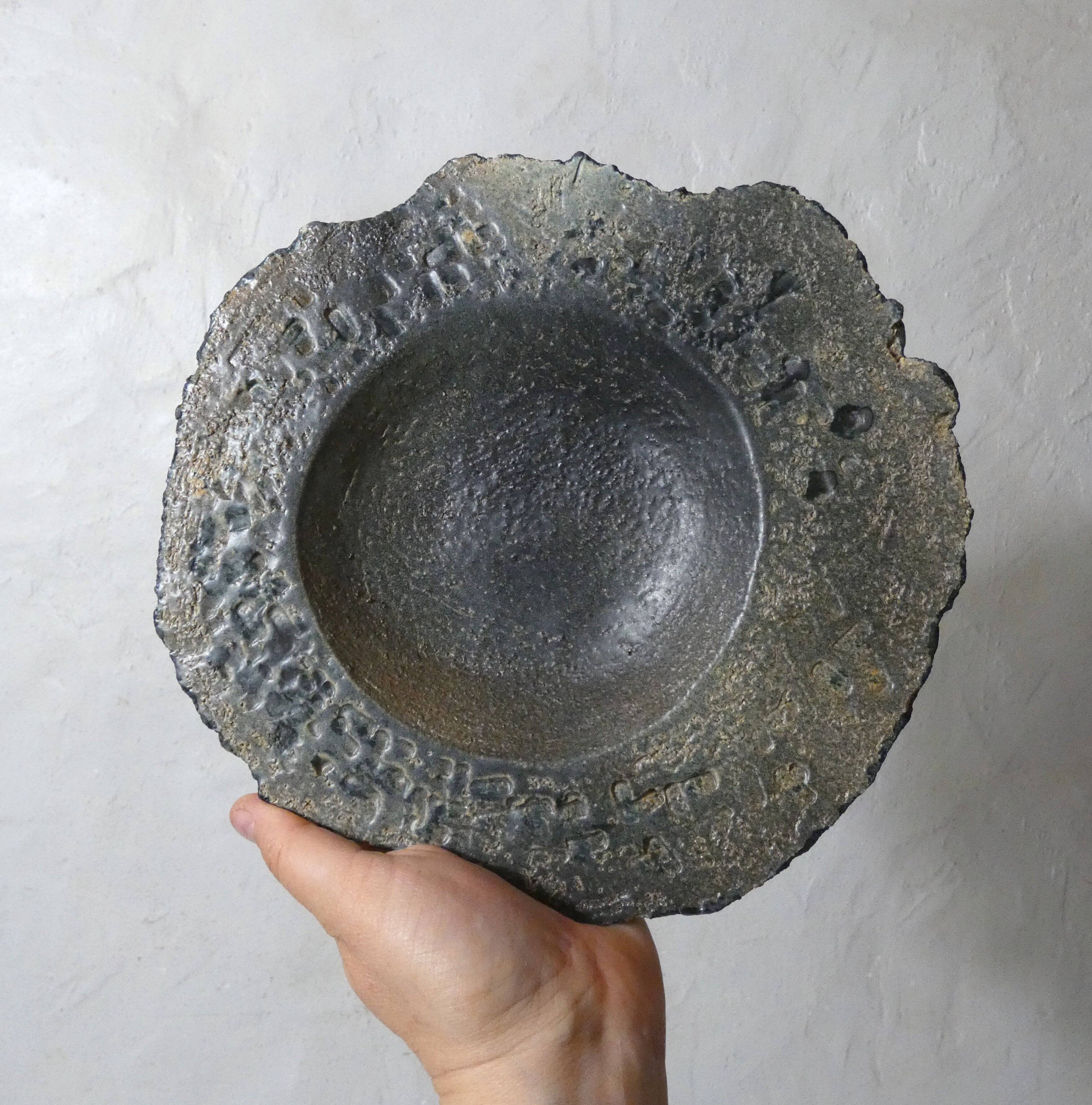asymmetrical brutalist stoneware bowl signed Vintage