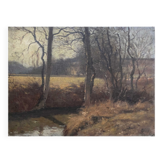 HST/P painting "Autumn river" by Théodore LESPINASSE (1846-1918)