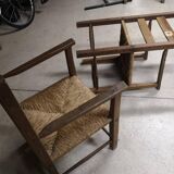 Pair of antique wooden straw-seated armchairs - Authentic country style