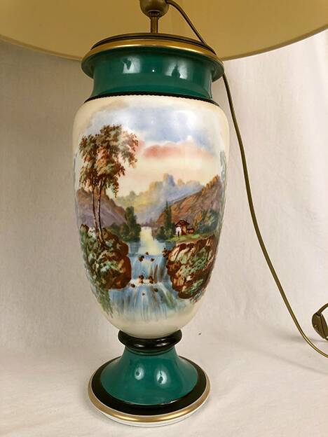 Large pair of 19th century polychrome porcelain vases decorated with landscapes, mounted as lamps