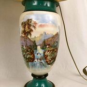 Large pair of 19th century polychrome porcelain vases decorated with landscapes, mounted as lamps