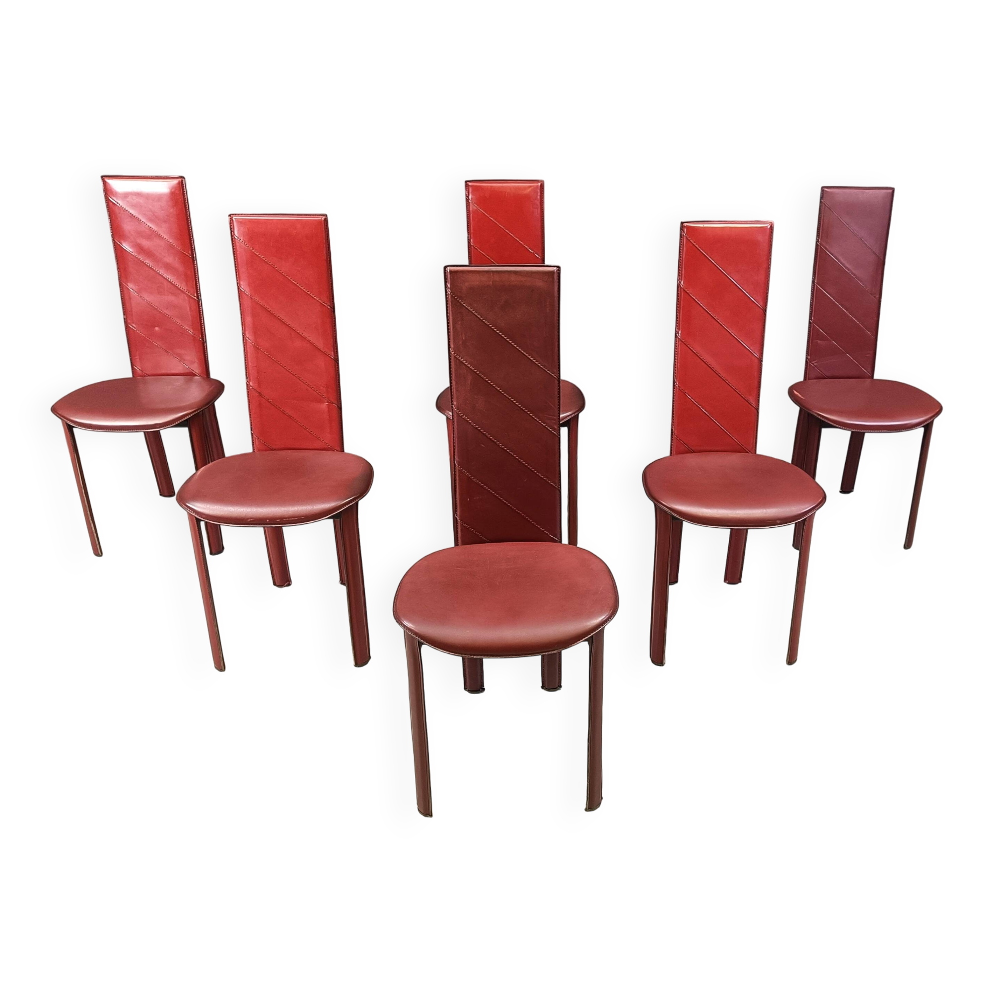 Vintage Italian red leather high-back dining chairs, set of 6, 1980s.