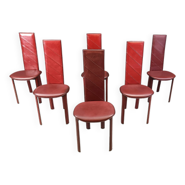 Vintage Italian red leather high-back dining chairs, set of 6, 1980s.