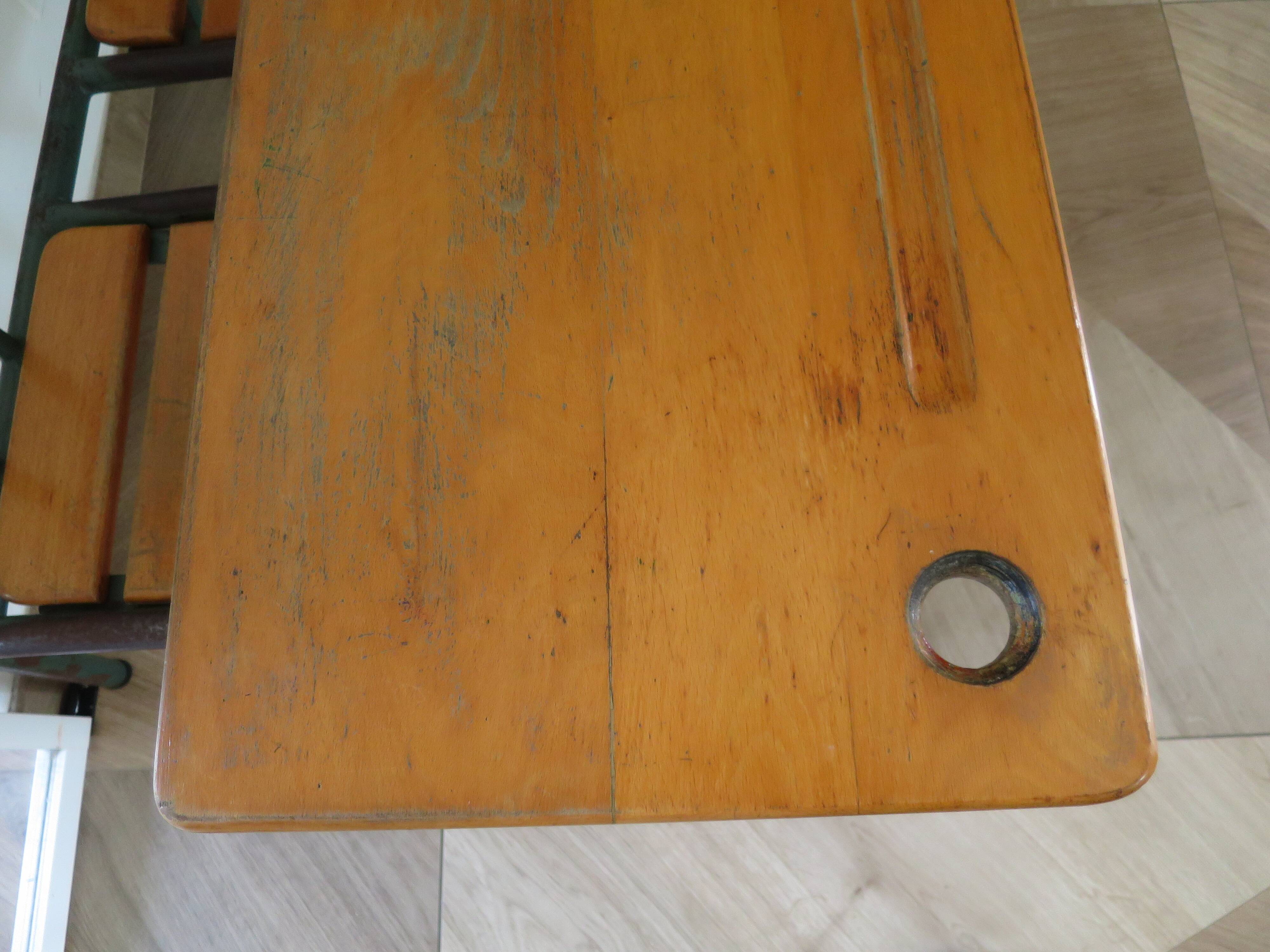 Bureau d’écolier vintage en bois et métal - Bureau double