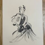 Signed charcoal painting of a female portrait "lady"