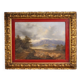 Paysage italien avec des voyageurs, huile sur toile datée de 1845.