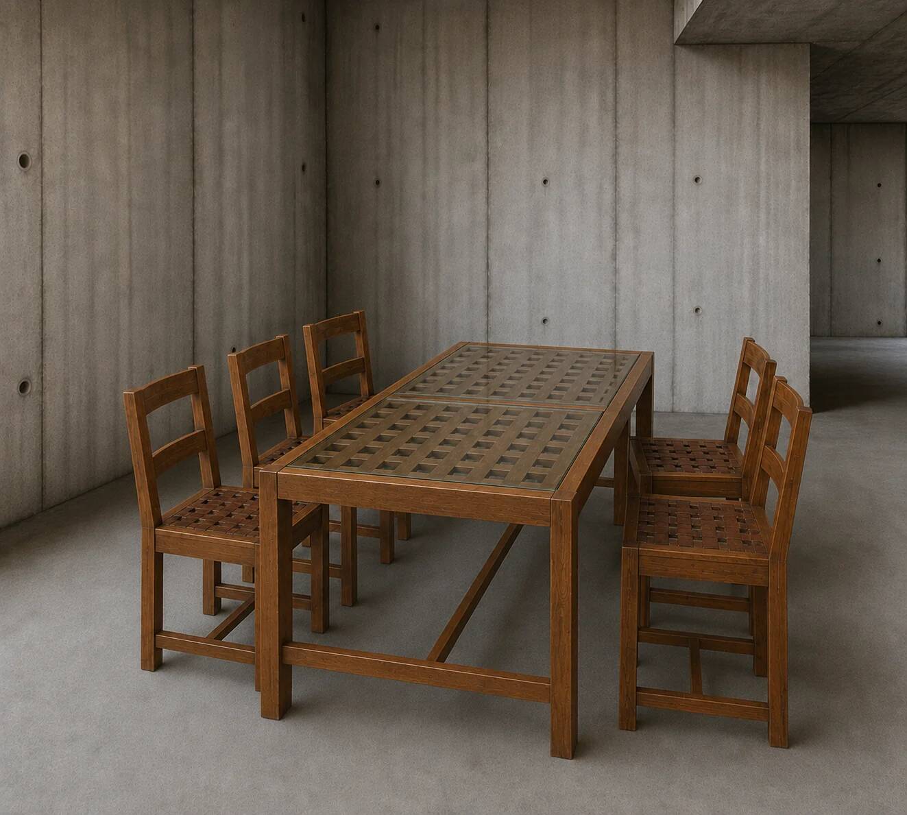6 × chairs / dining table in oak / table openwork top / 2 inlaid glass panels / open woven leather seats / original set in very good condition / France 1950s