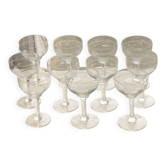 10 wine glasses, carved transparent glass, art deco cups, old and trendy