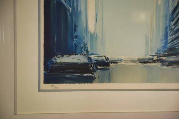 Futuristic lithograph of New York by Pierre Doutreleau 1970s