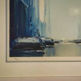 Futuristic lithograph of New York by Pierre Doutreleau 1970s