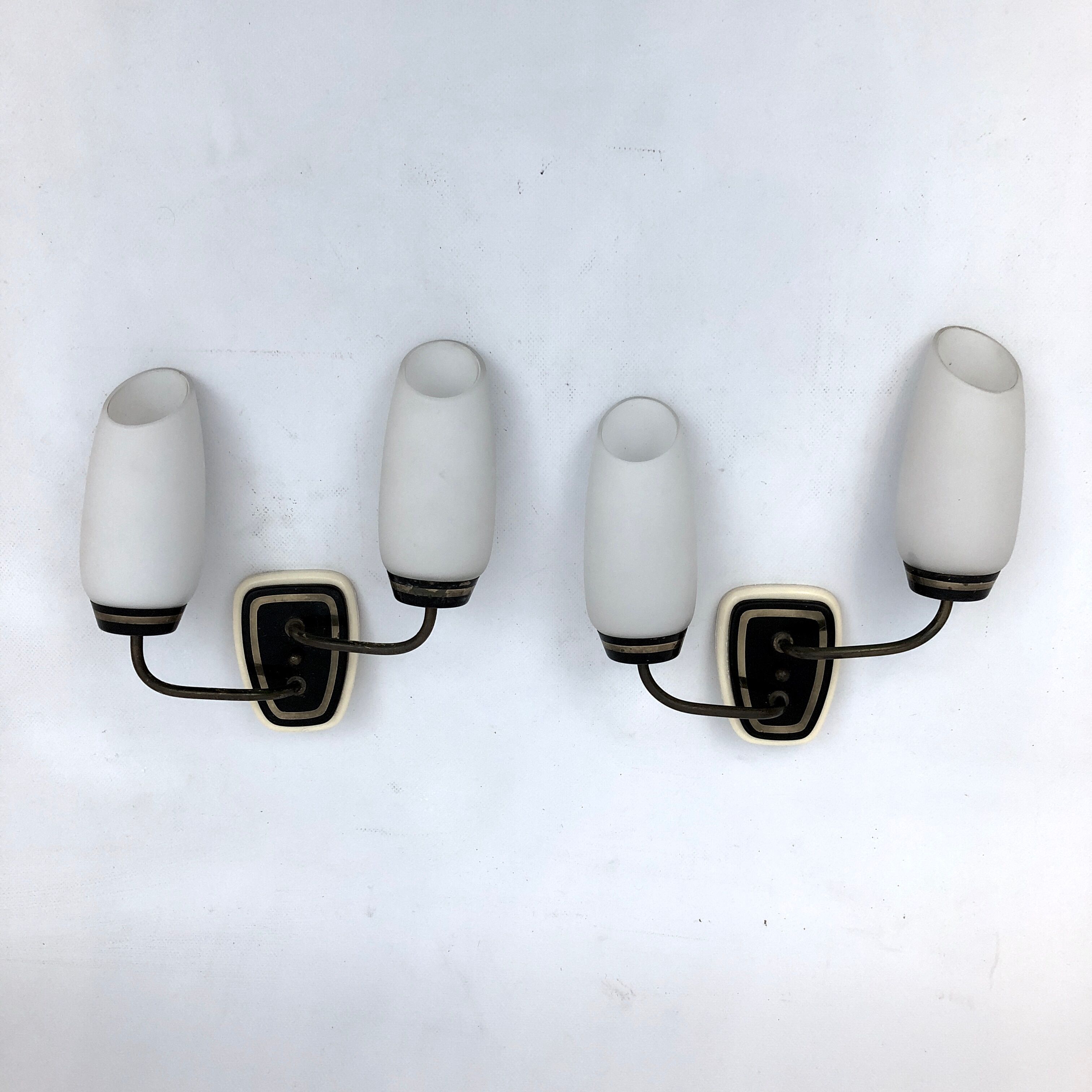 Mid-century Italian brass and opaline glass sconces. Set of two