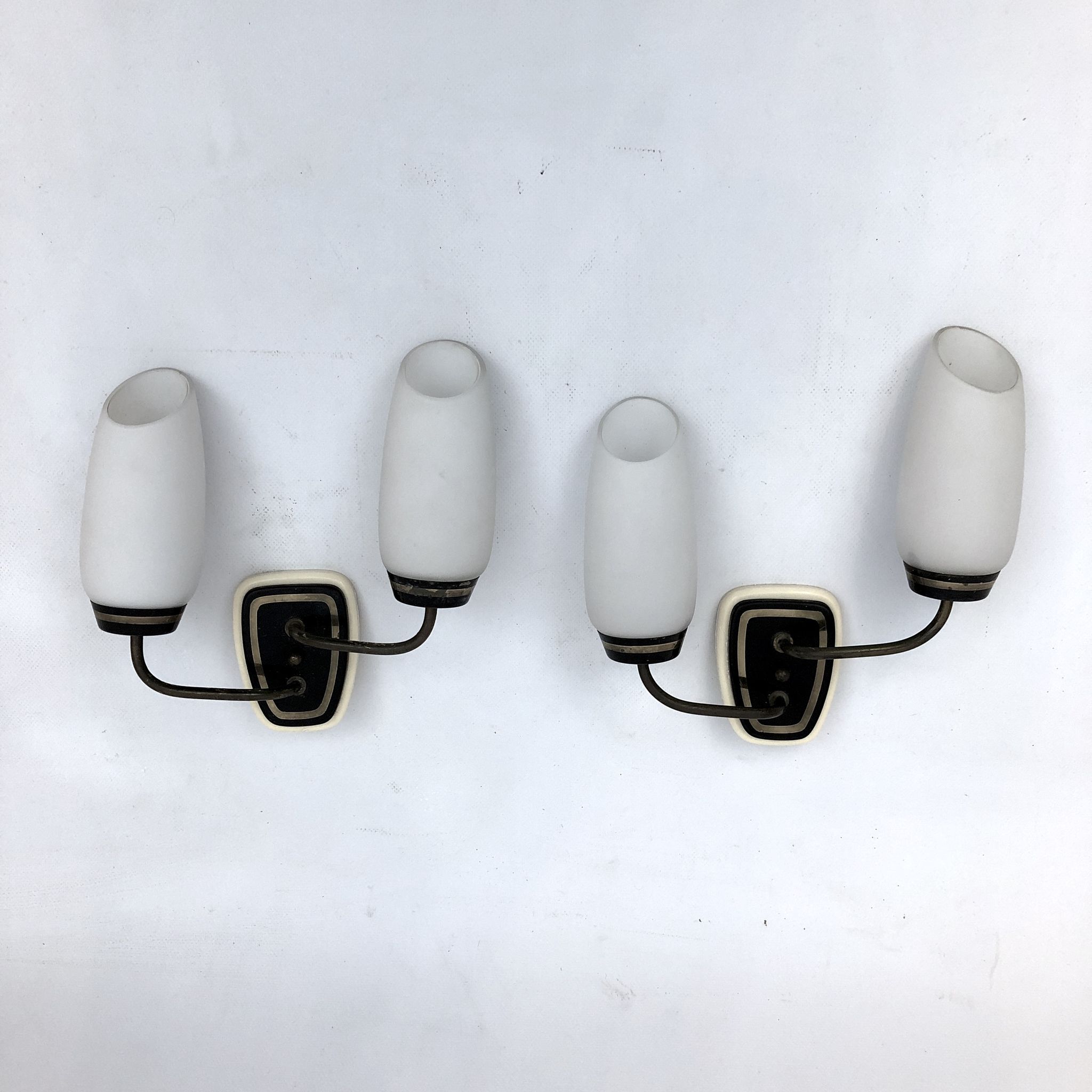 Mid-century Italian brass and opaline glass sconces. Set of two