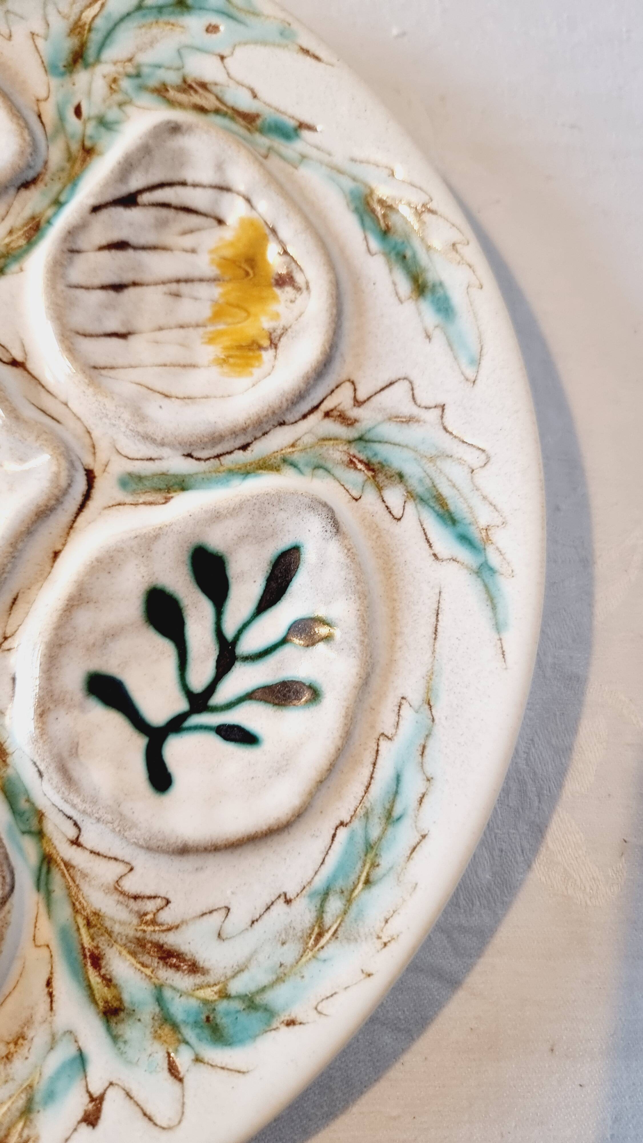 Interesting French porcelain oyster dish MBFA Pornic hand-painted marine M.