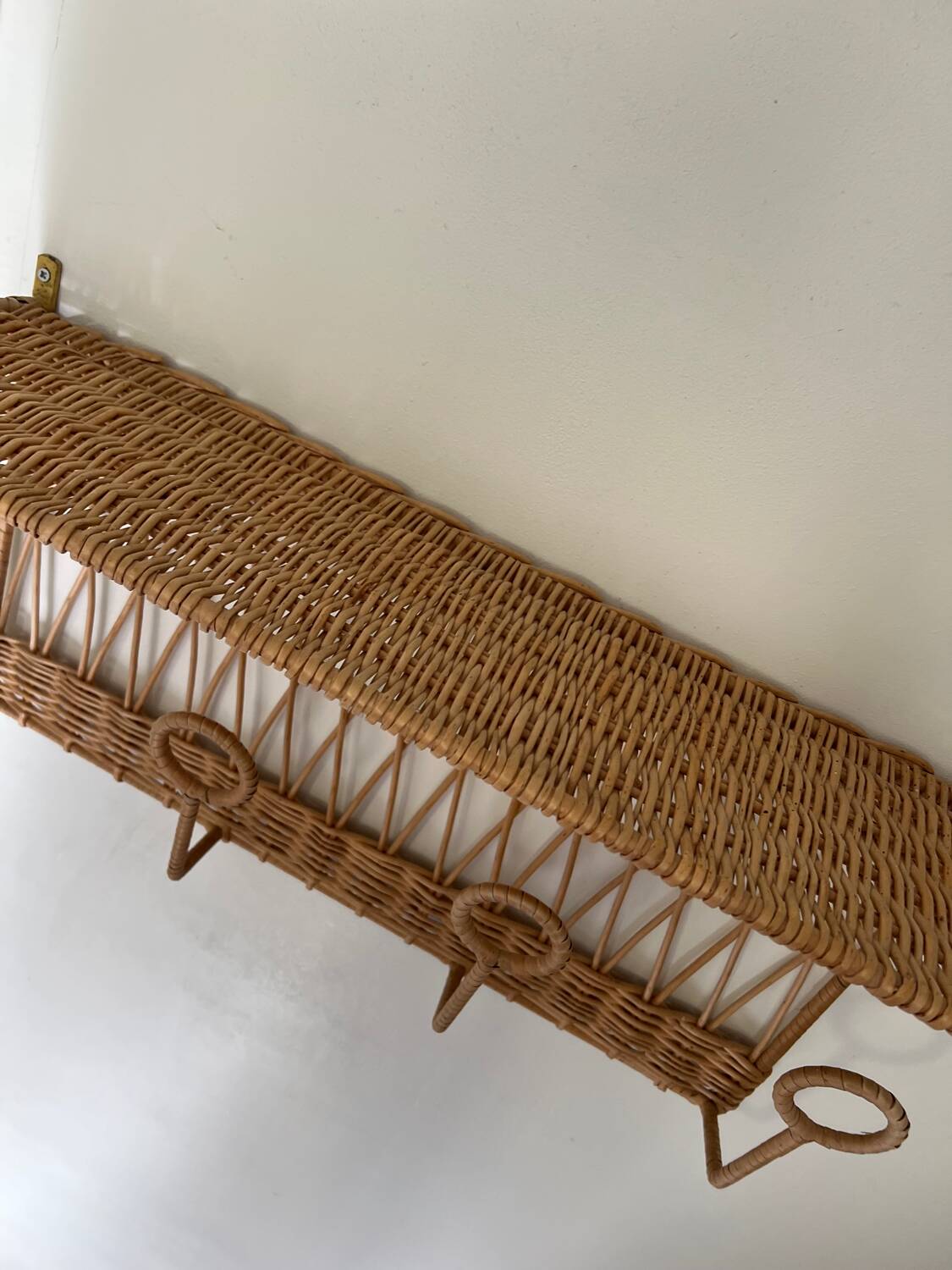 Vintage rattan coat rack wall shelf