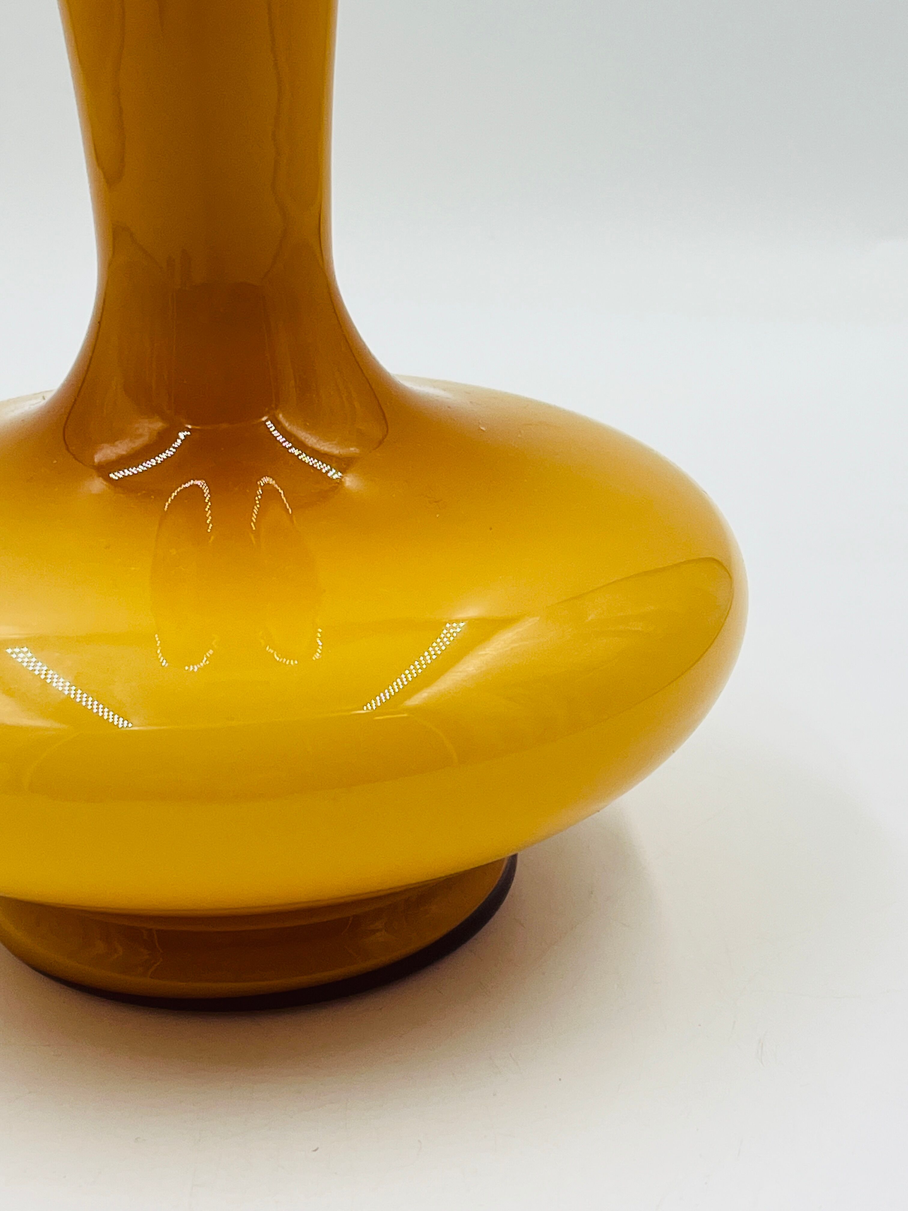 Vintage ochre opaline vase with a fluted neck