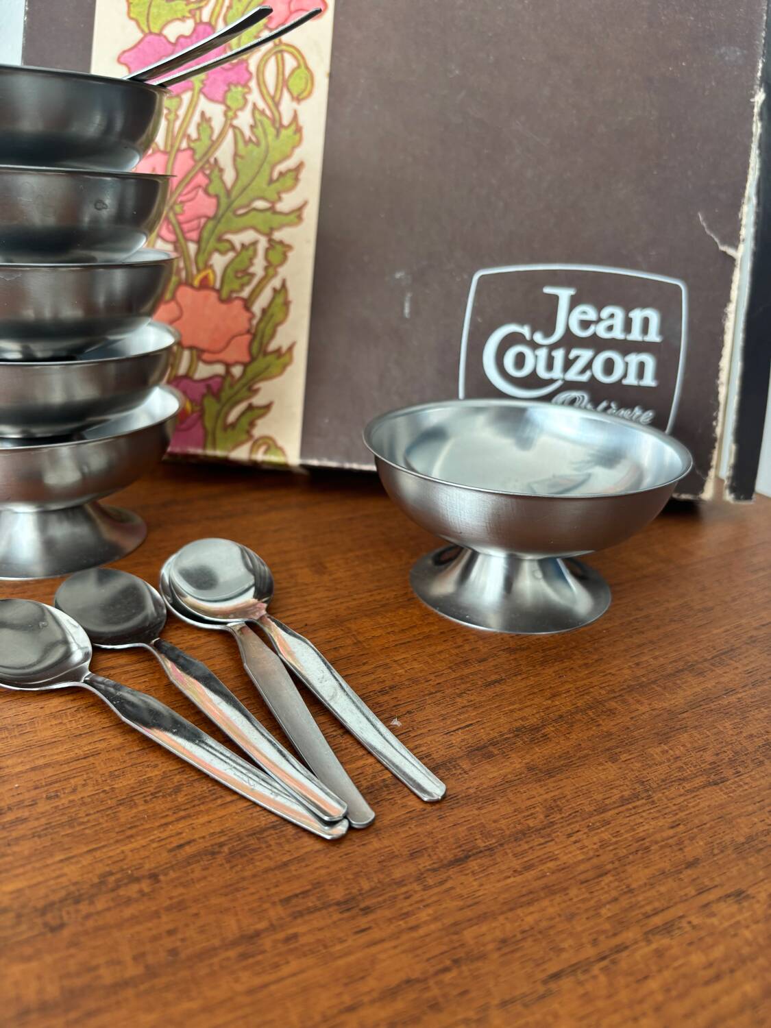 Vintage Jean Couzon box with 6 stainless steel ice cream bowls and bistro spoons.