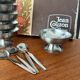 Vintage Jean Couzon box with 6 stainless steel ice cream bowls and bistro spoons.