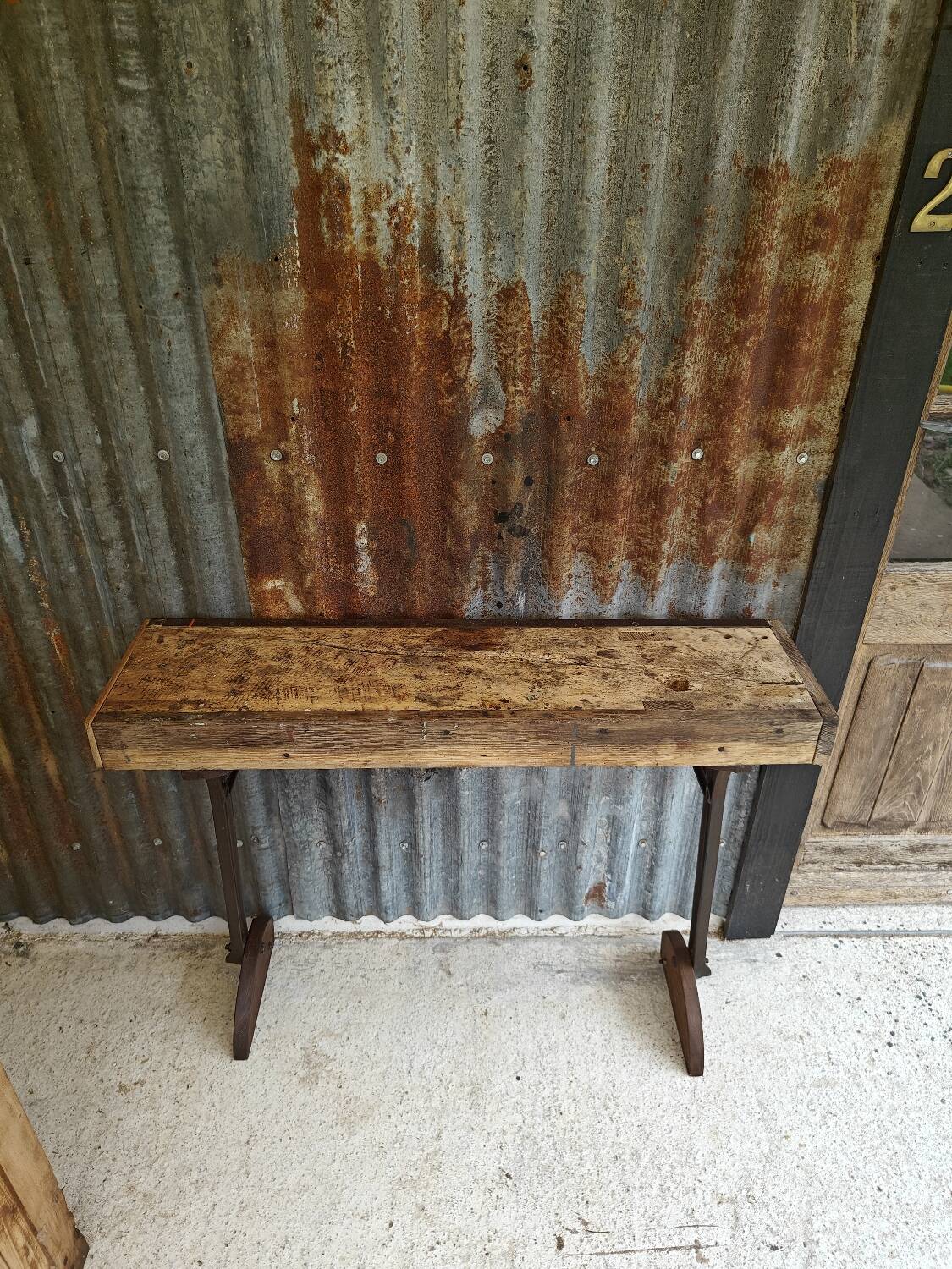Wooden and cast iron workbench console