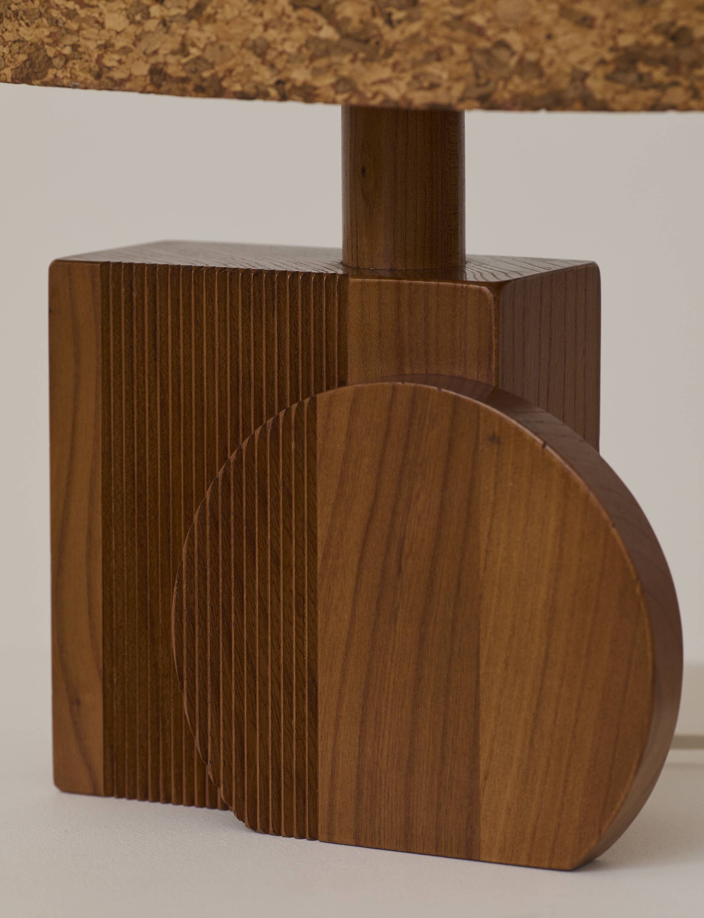 Pair of handcrafted lamps in solid oak with cork shades, circa 1970