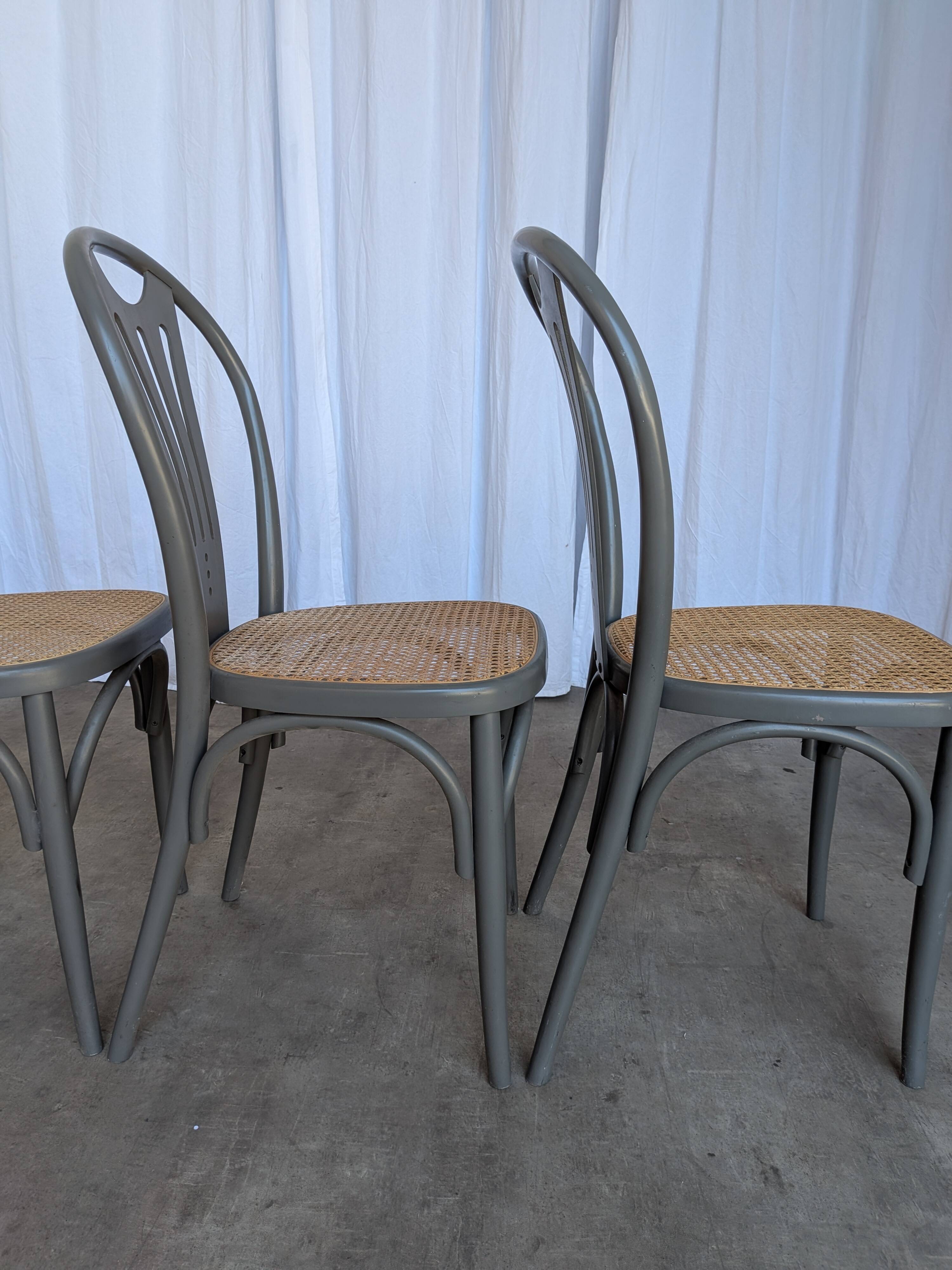 Set of 4 Vintage Gray Thonet Style Dining Chairs with Cane Seat