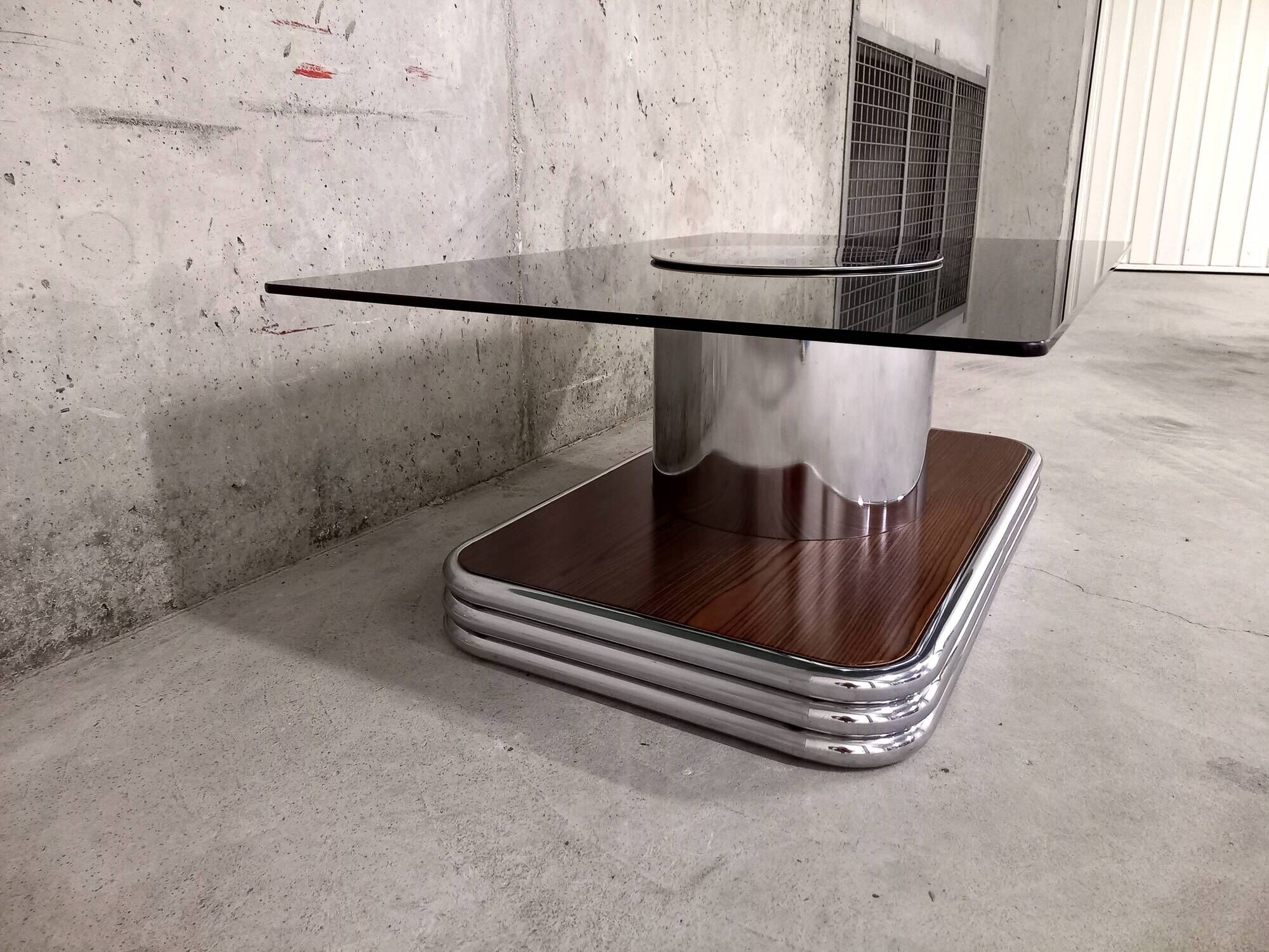 Vintage coffee table in smoked glass, chrome metal and wood décor 60s 70s