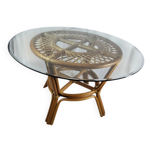 Table style Adrien Audoux , Frida Minet en rotin plateau verre France