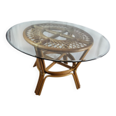 Table style Adrien Audoux , Frida Minet en rotin plateau verre France