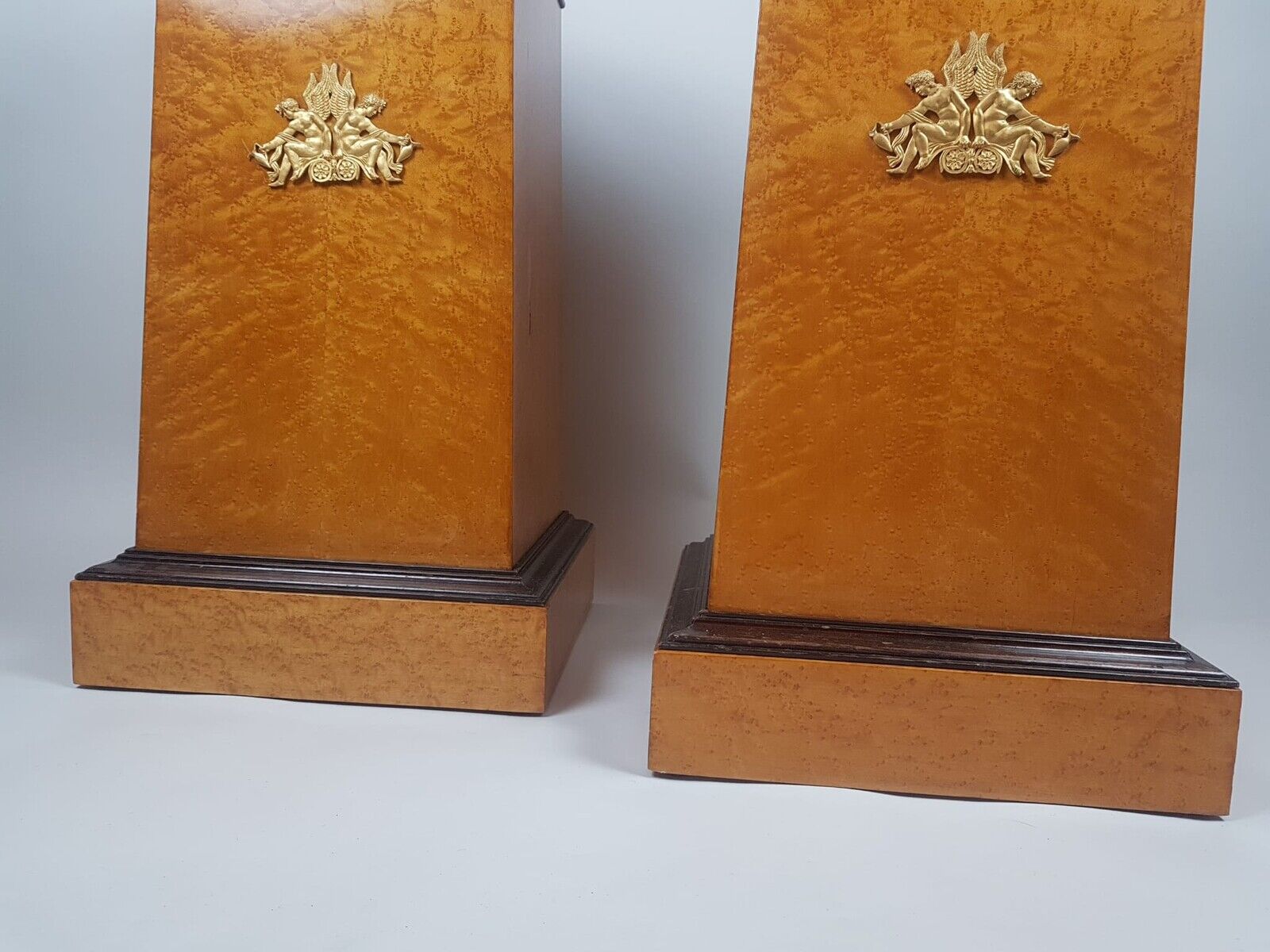 Pair of empire style columns - cedar burl plating - brass and marble
