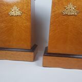 Pair of empire style columns - cedar burl plating - brass and marble