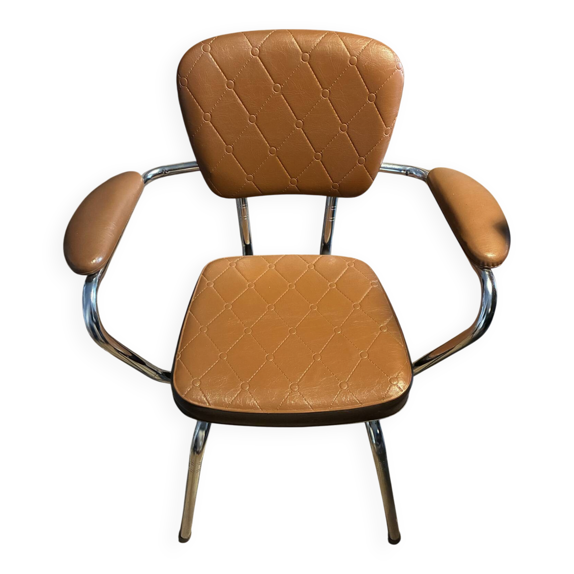 Armchair with armrests from the 70s in Skai and chrome.