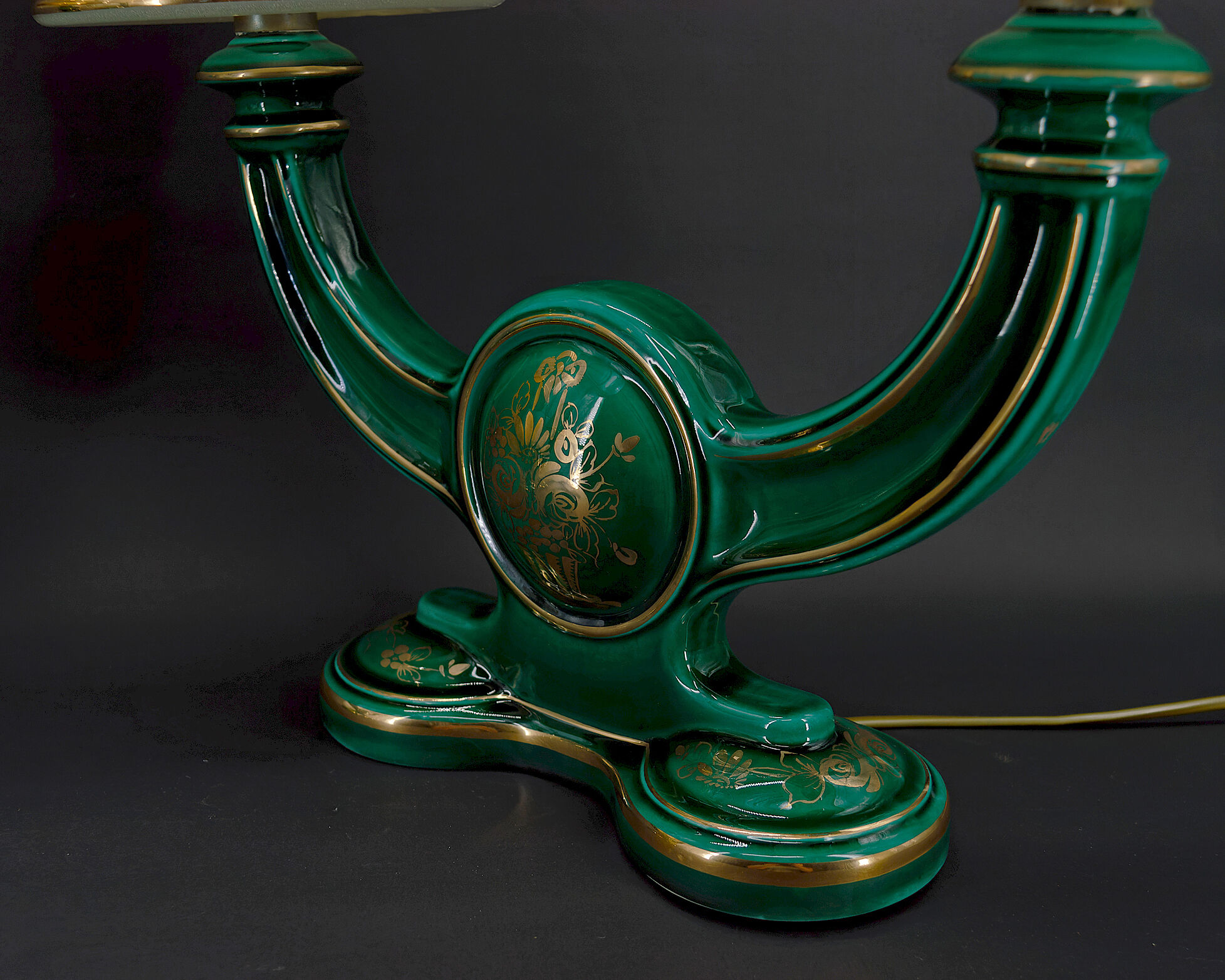 Pair of lamps in green and gold earthenware, circa 1940