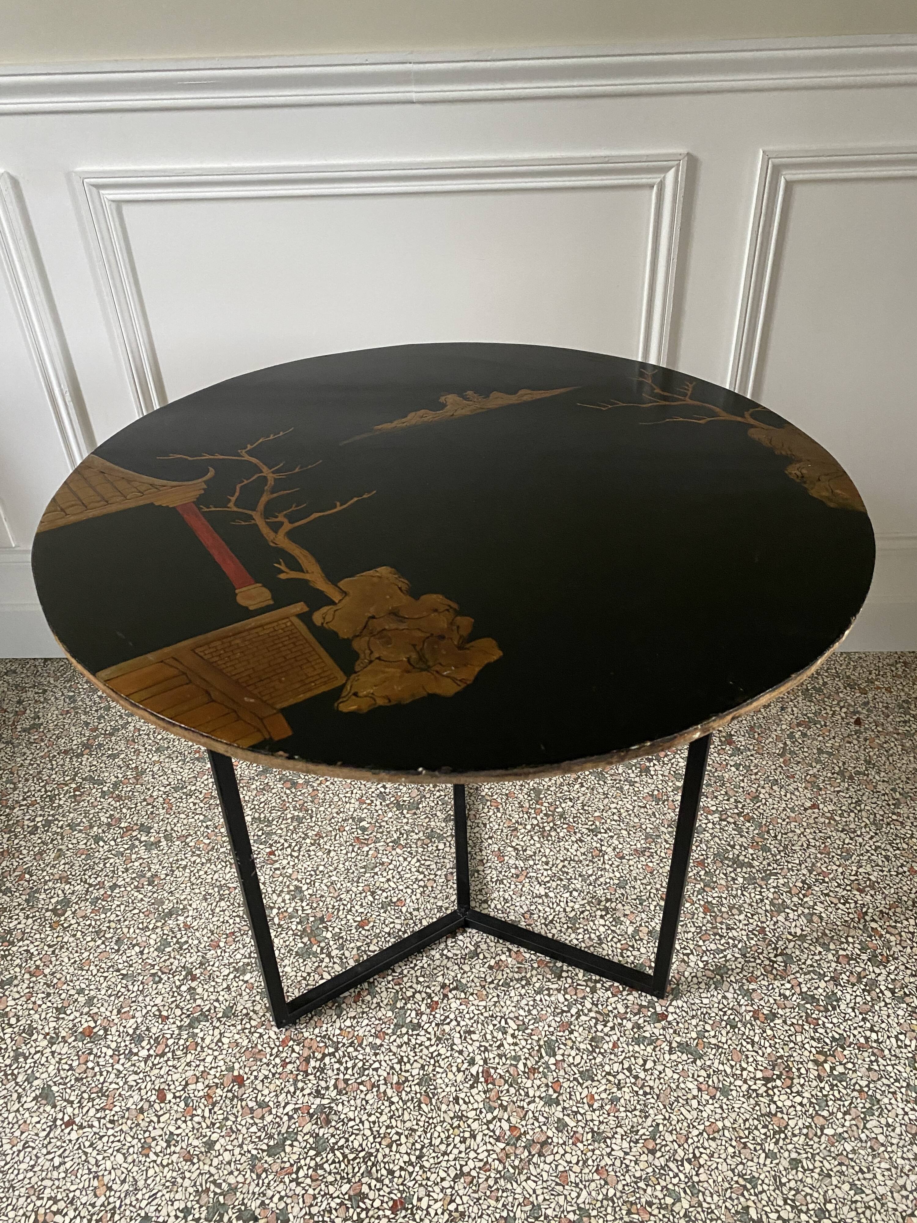 Side table, pedestal living room table, end table, round tray vintage Chinese decor