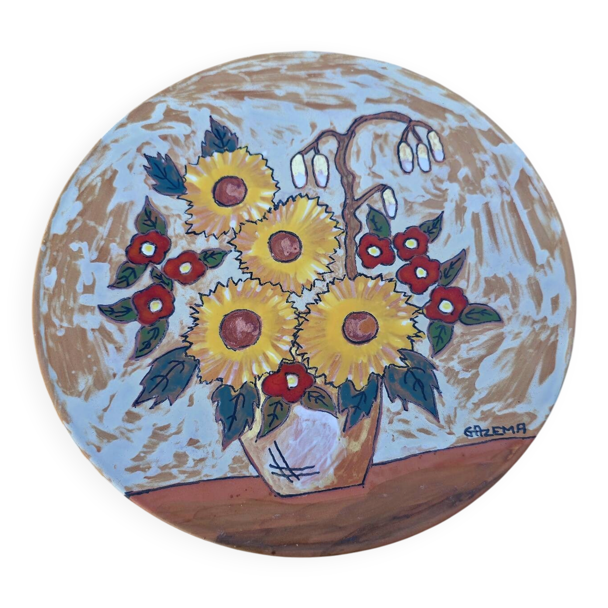 Vintage Vallauris Ceramic Large Plate 35 cm – G. Azema – Sunflower