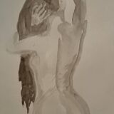 Tableau signé aquarelle monochrome sépia portrait féminin « la coiffure »