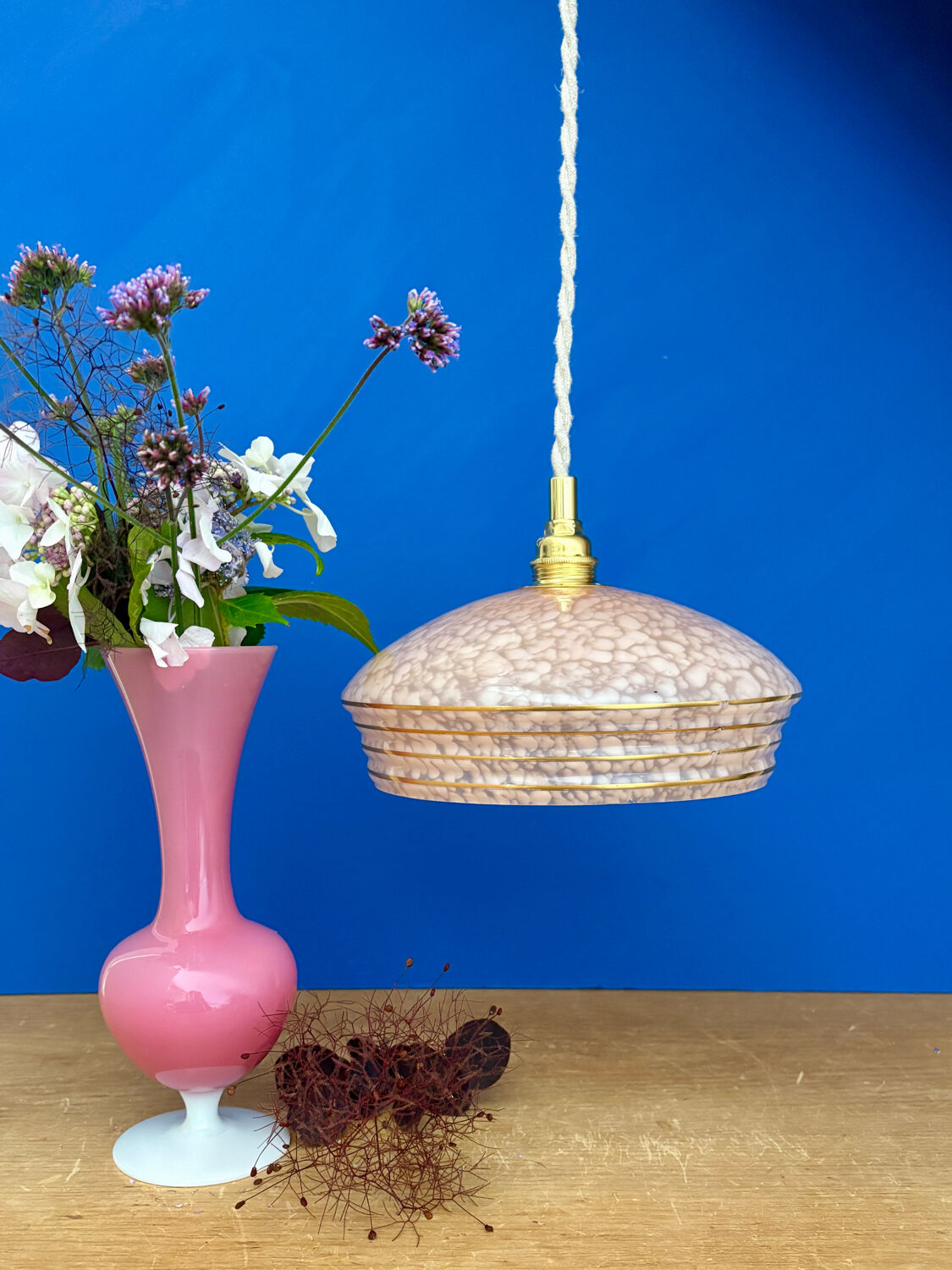 Vintage pink and gold clichy glass lampshade pendant light