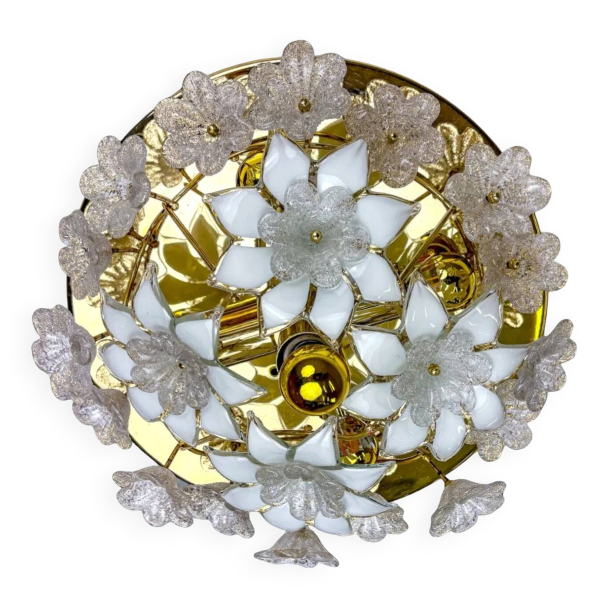Large Italian Murano glass white frosted flowers ceiling flush mount, 1970s