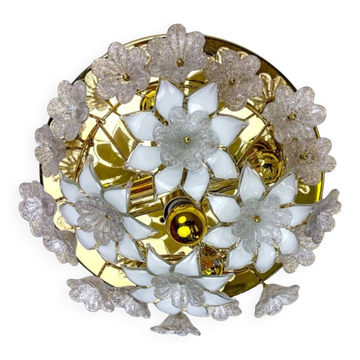 Grand plafonnier en verre de Murano blanc givré avec des fleurs, années 1970.