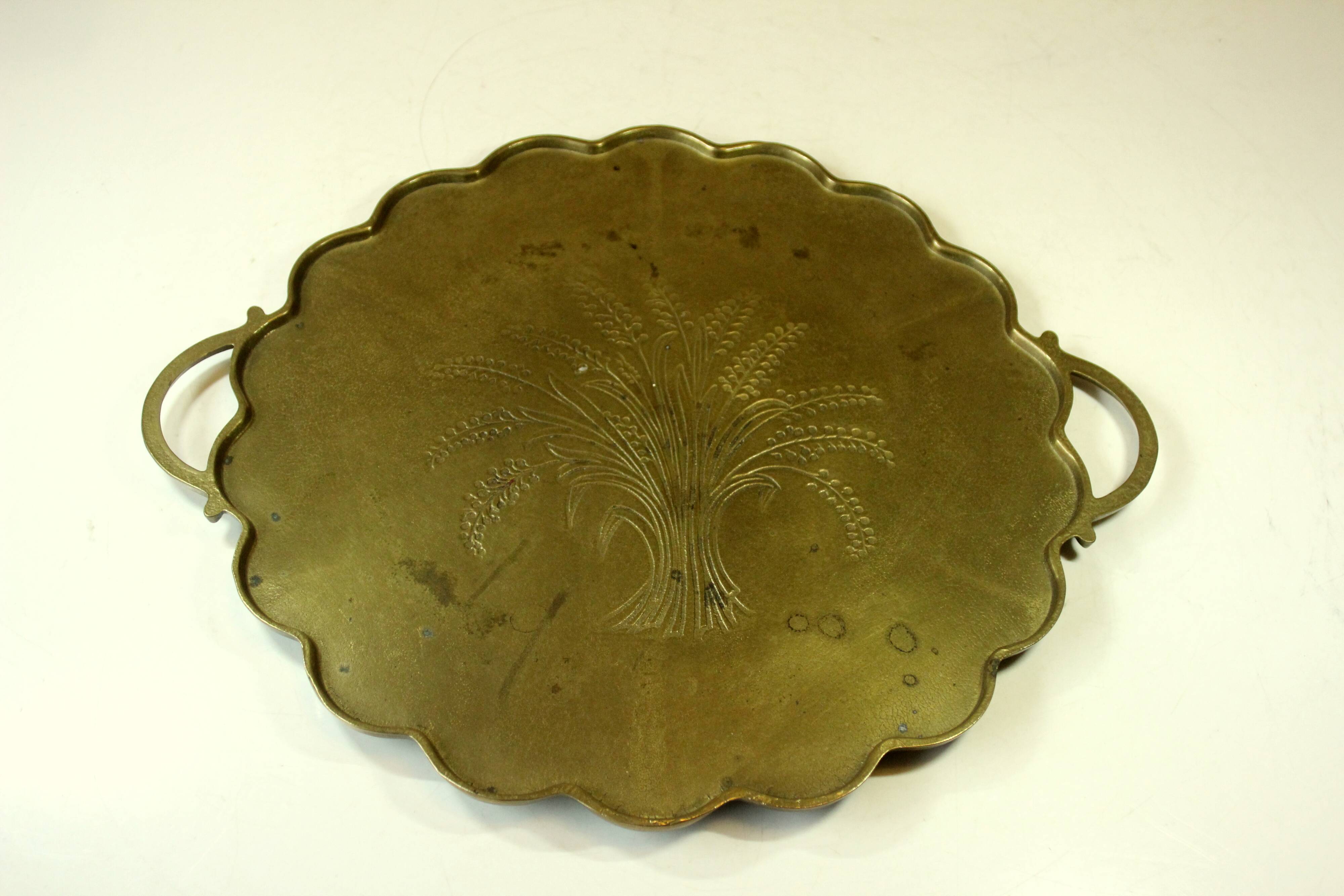 1950s handmade heavy brass serving tray, with handles and small feets, marked, vintage