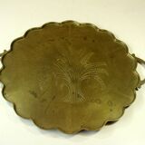 1950s handmade heavy brass serving tray, with handles and small feets, marked, vintage
