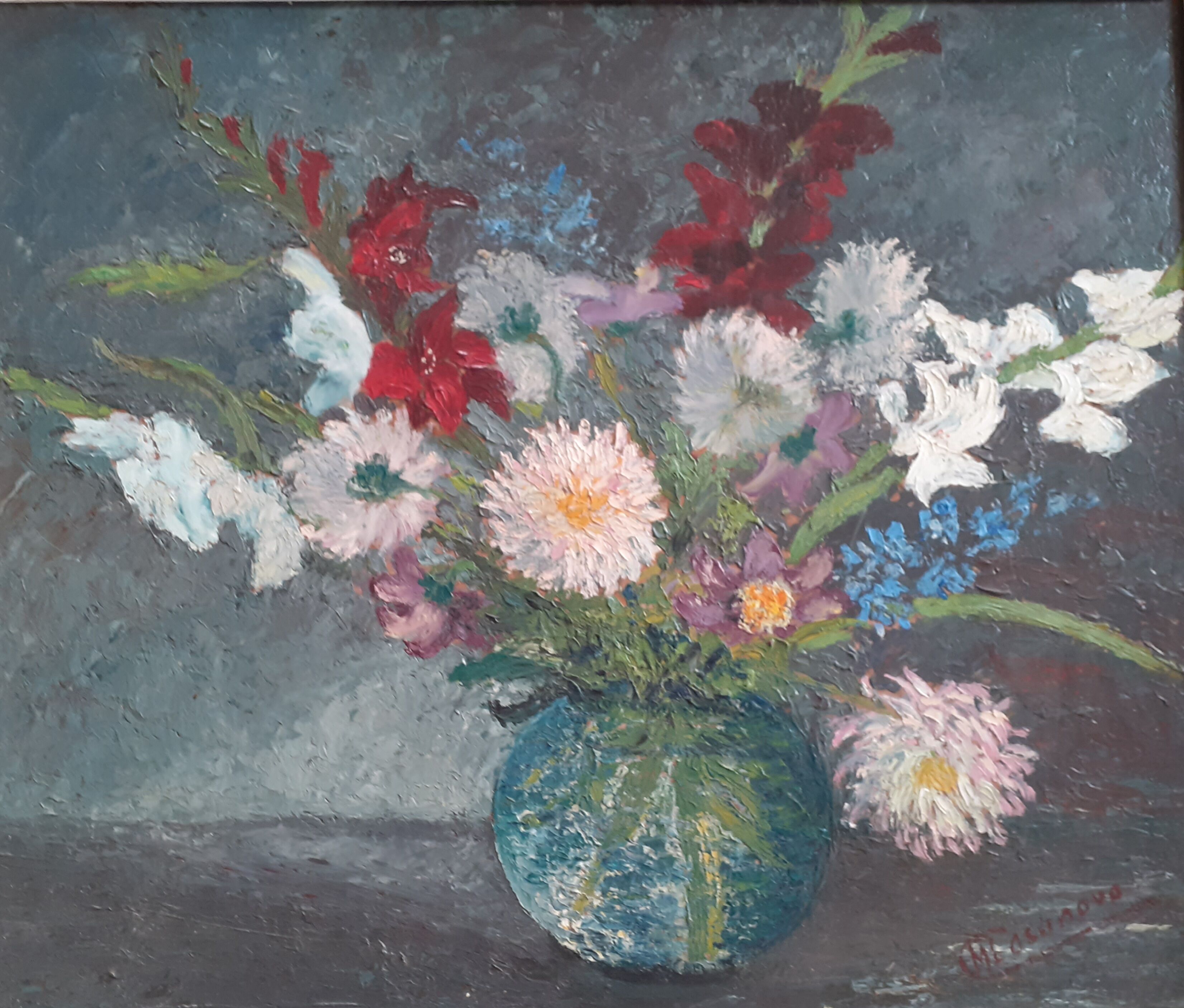 Table bouquet of flowers dahlias gladiolus