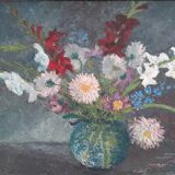 Table bouquet of flowers dahlias gladiolus