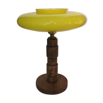 Vintage wood lamp opaline Yellow Space age 1970