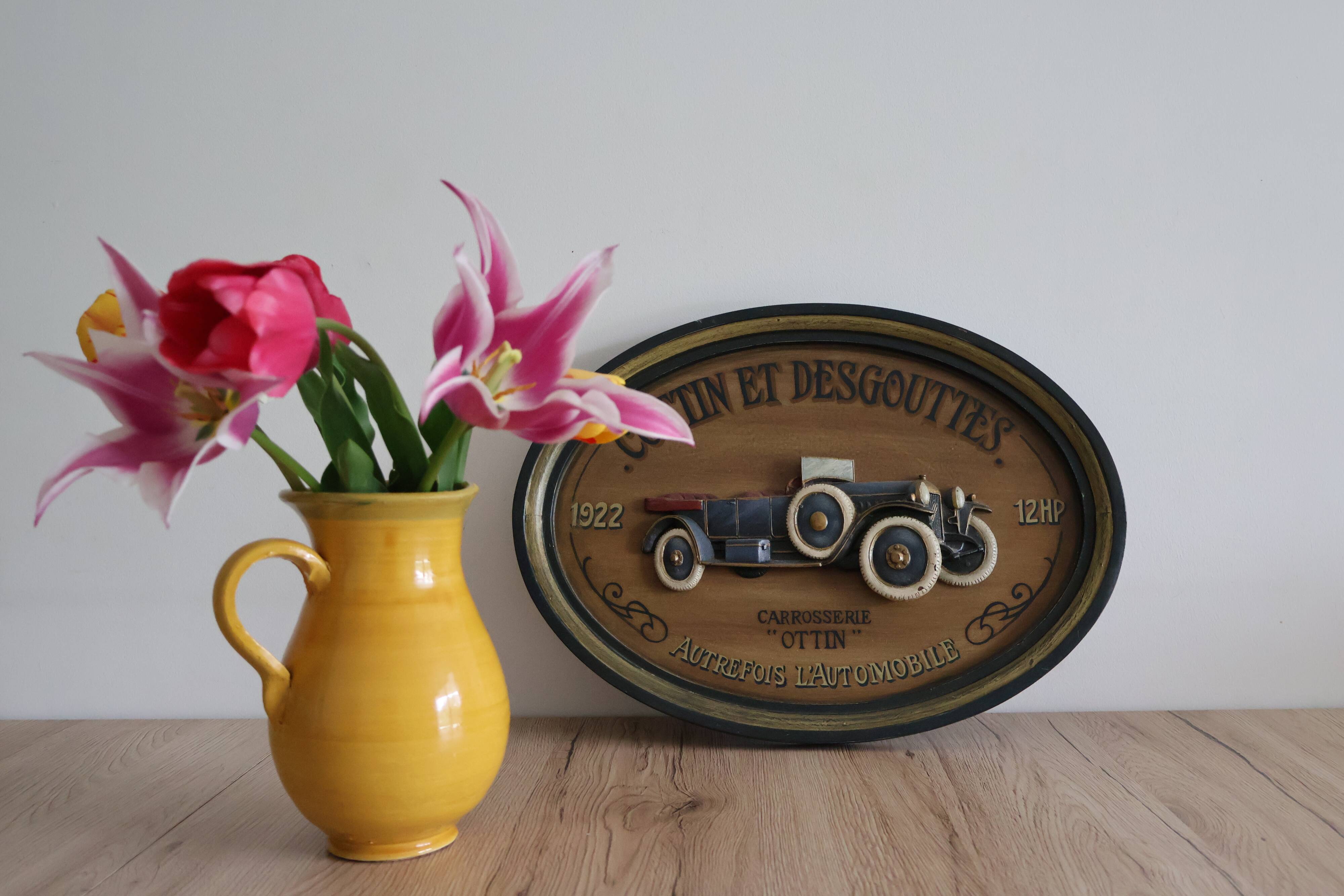 Wooden painting old car country corner 60s