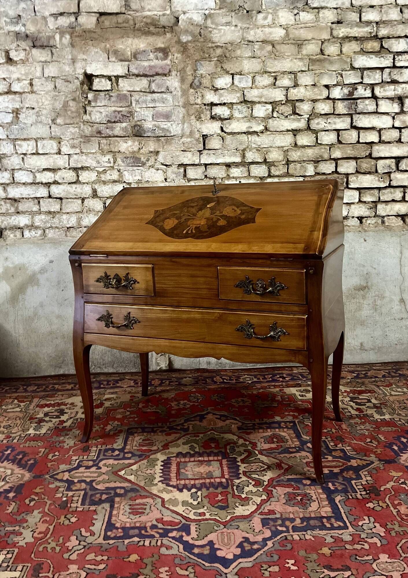 Sloping desk in natural wood and flower marquetry in louis xv style stamped mailfert