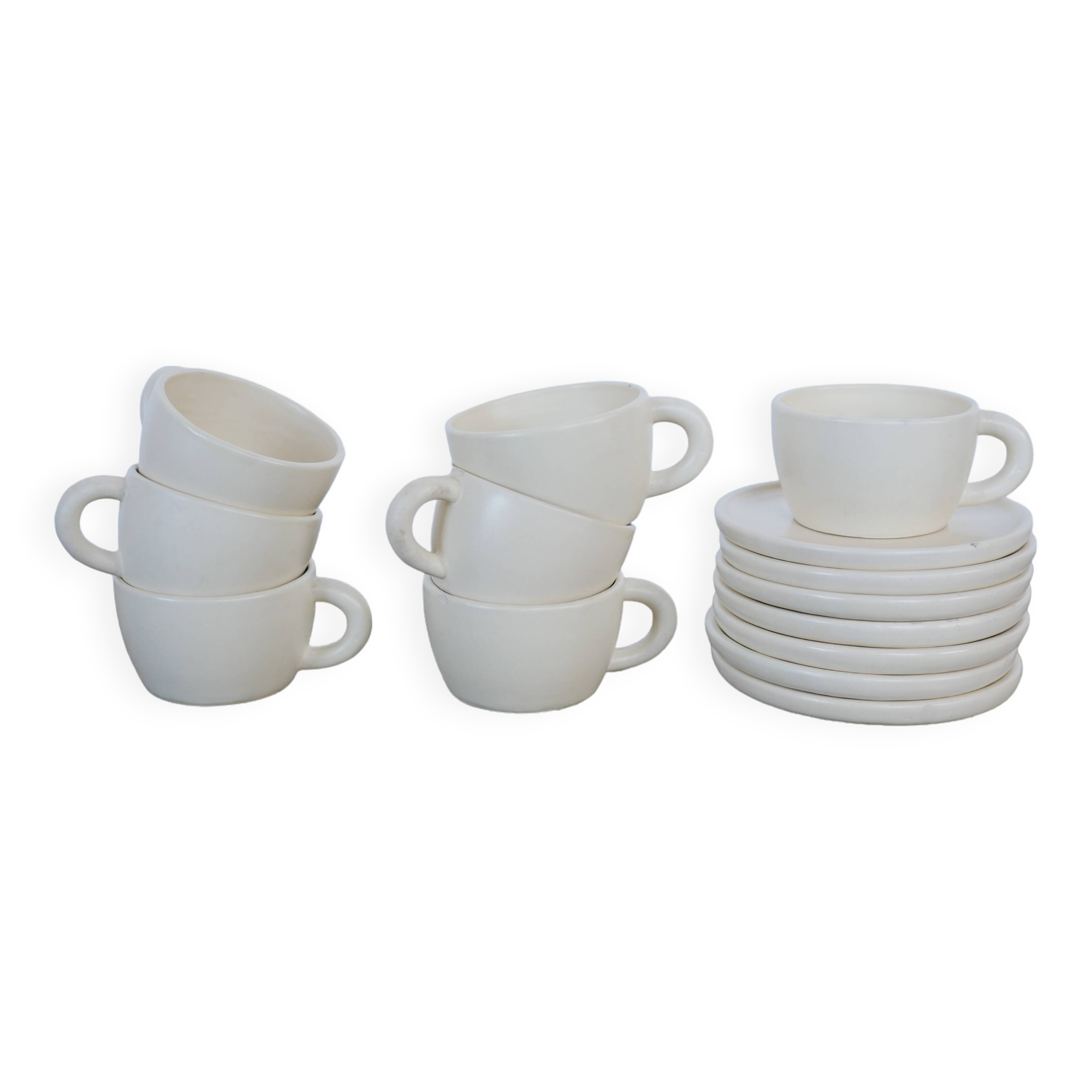Series of 7 vintage ceramic cups and saucers by Le Pot de Terre