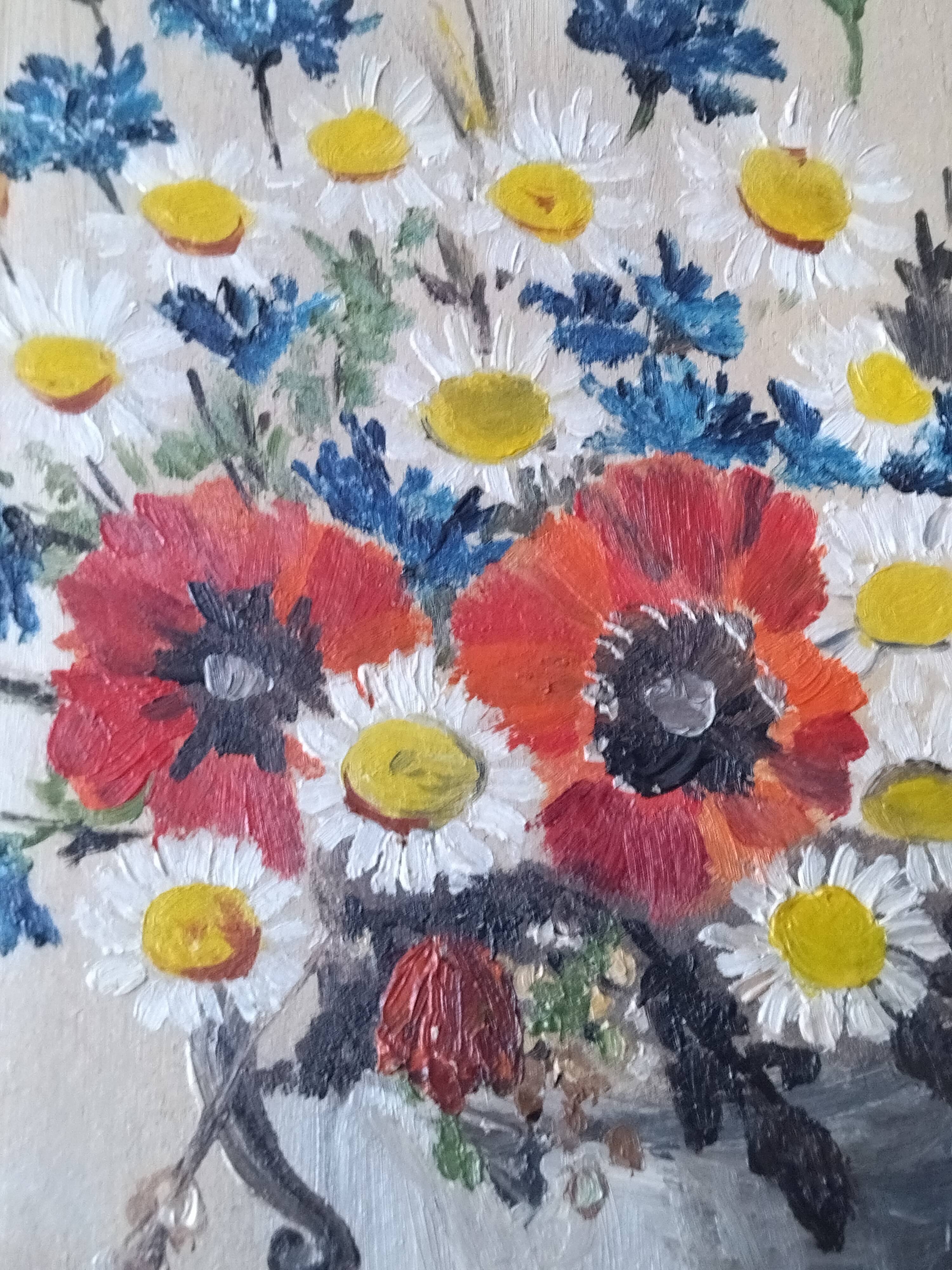 Vintage still life of a country bouquet signed J Dubois with a golden frame.