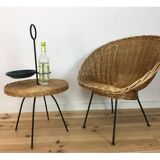 Side table 1950 wicker and portable metal