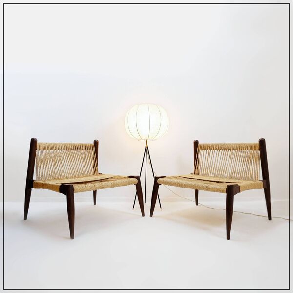 Paire de fauteuils lounge en corde de jute tressée et bois massif
