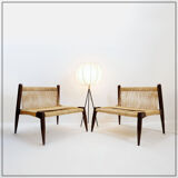 Pair of lounge chairs in woven jute rope and solid wood