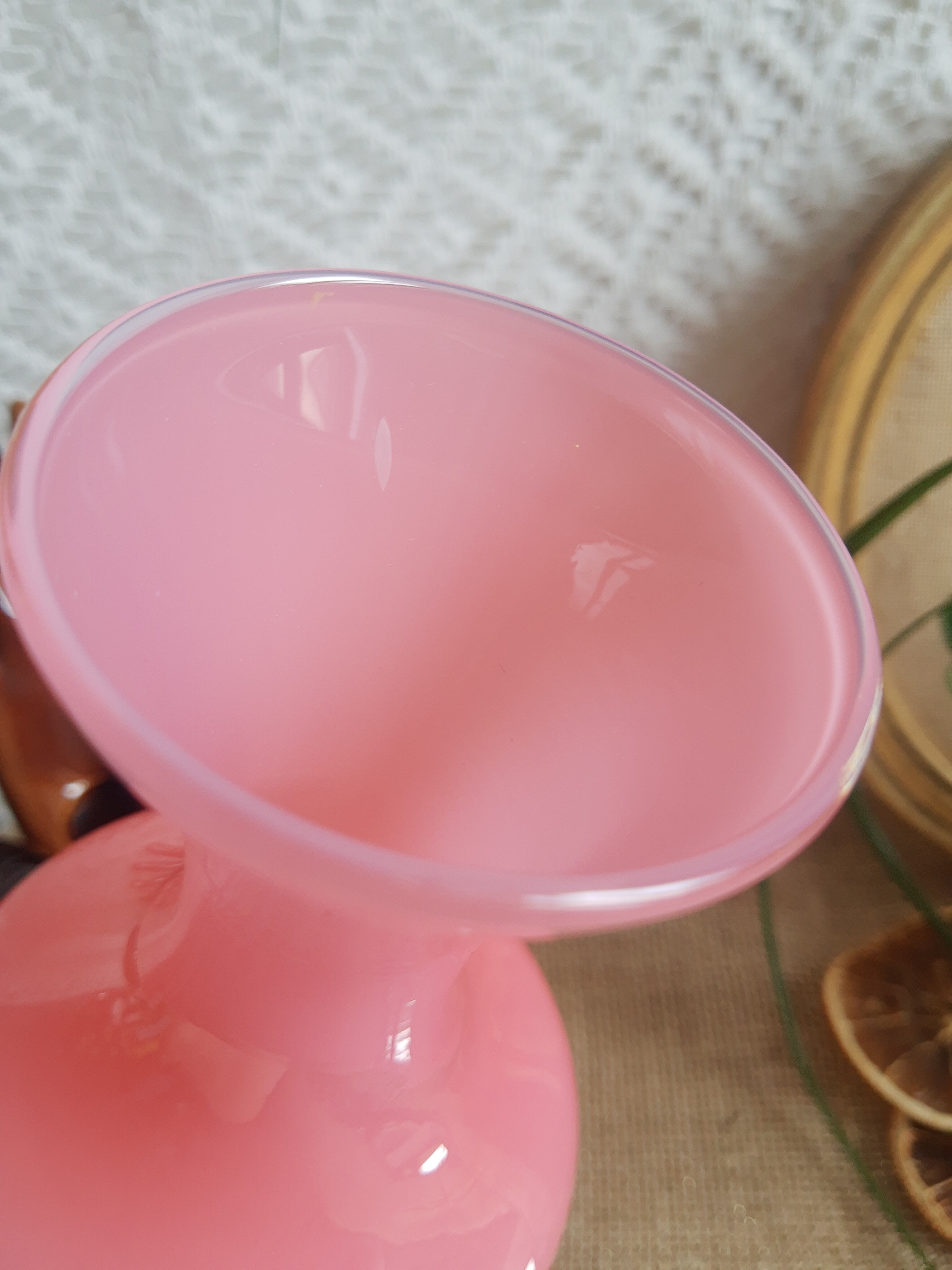 Pink opaline soliflore vase and vintage transparent foot